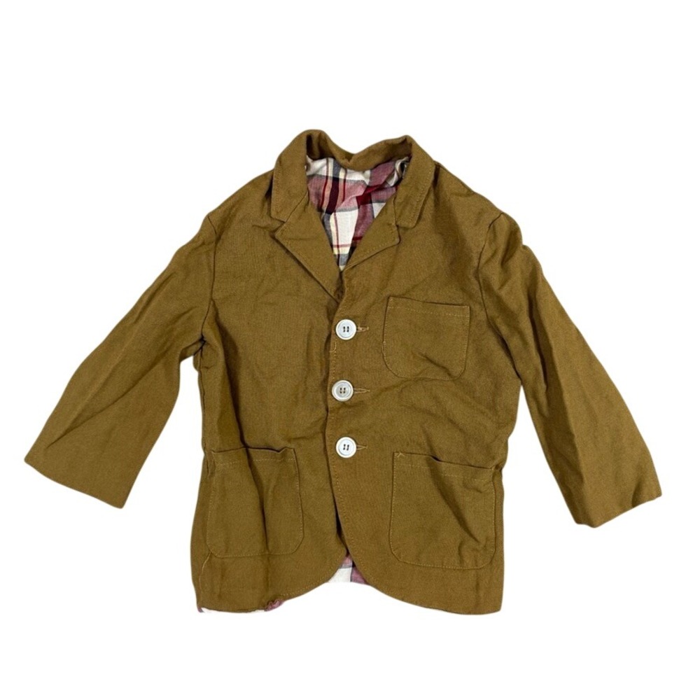 Boys Brown Blazer Lightweight Plaid Lined 3-Button Jacket Size 4T-5T